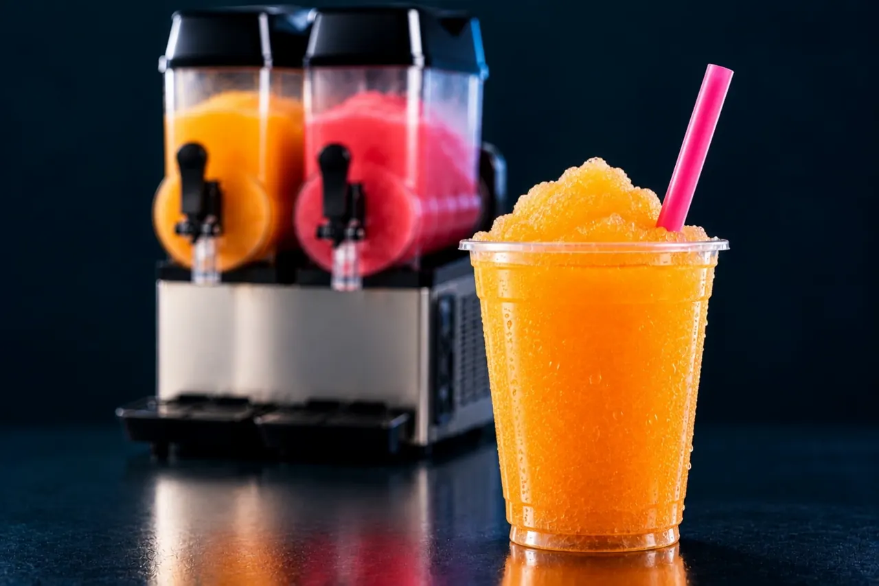 Vaso de granizado de mango servido, con la máquina al fondo